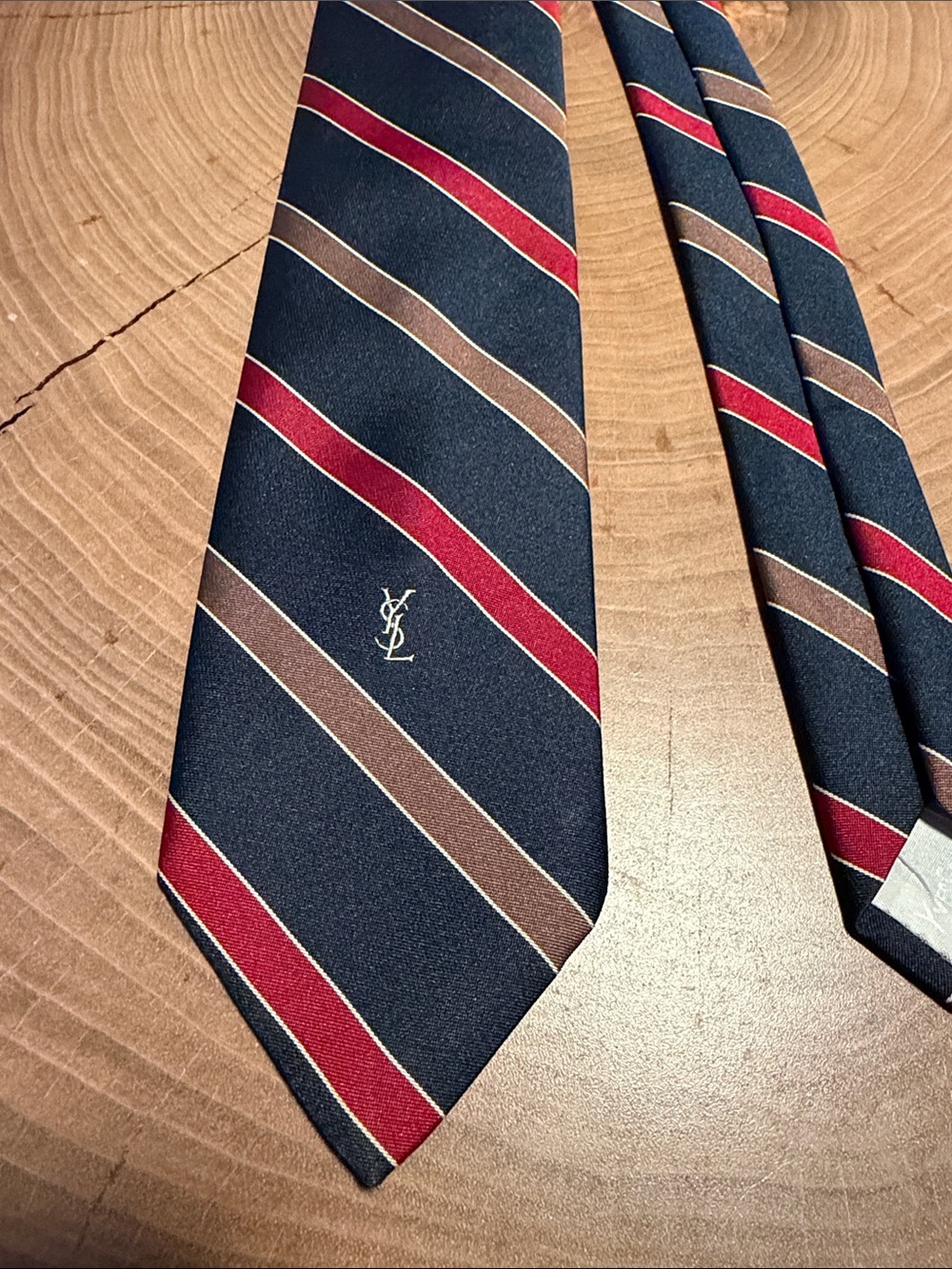 Yves Saint Laurent Navy, Red & Brown Diagonal Stripe Silk Tie